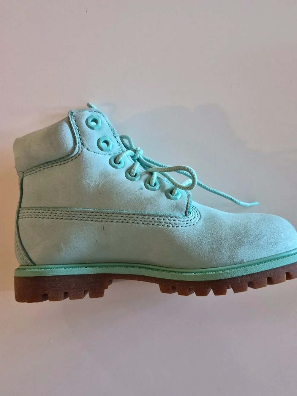 Timberland Kids 6 Inch Premium Waterproof Boots Size 12 Aqua Mint Nubuck